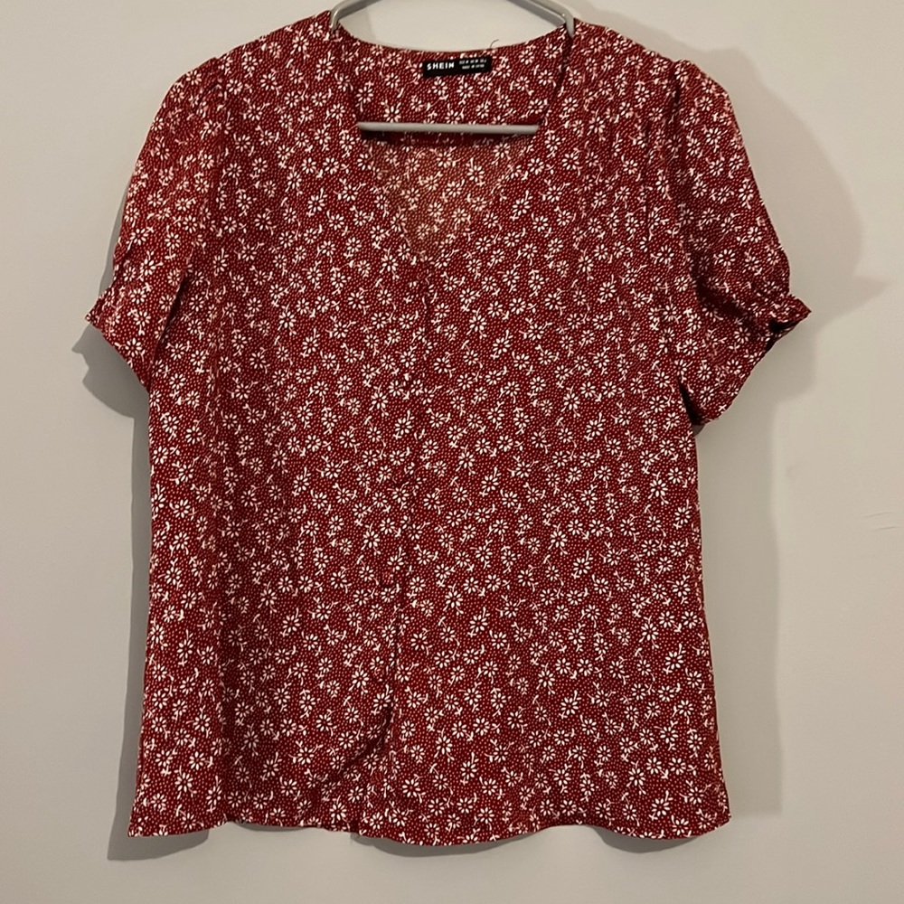 SHEIN red floral top with white flowers and polka dots